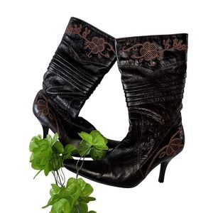 leather boat shoes women Vintage Size 7 Brown Zip Knee-Midi